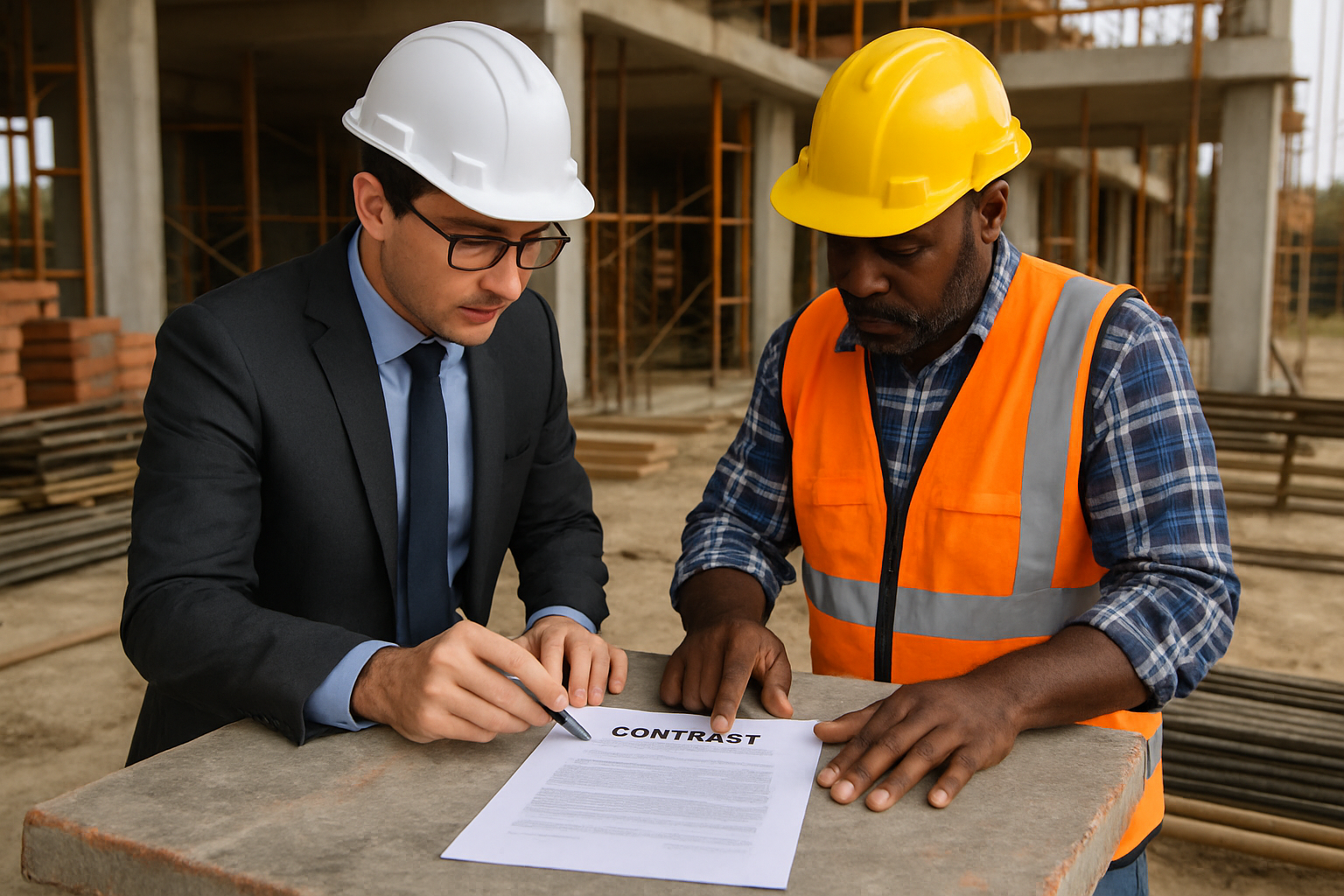 engenheiro e empreiteiro revisando contrato impresso sobre mesa de obra