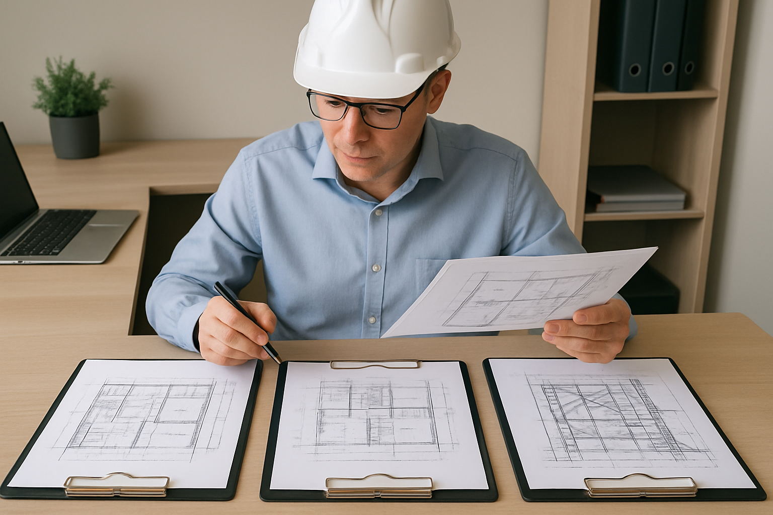 engenheiro de capacete analisando pranchetas de tres obras diferentes sobre mesa de escritorio