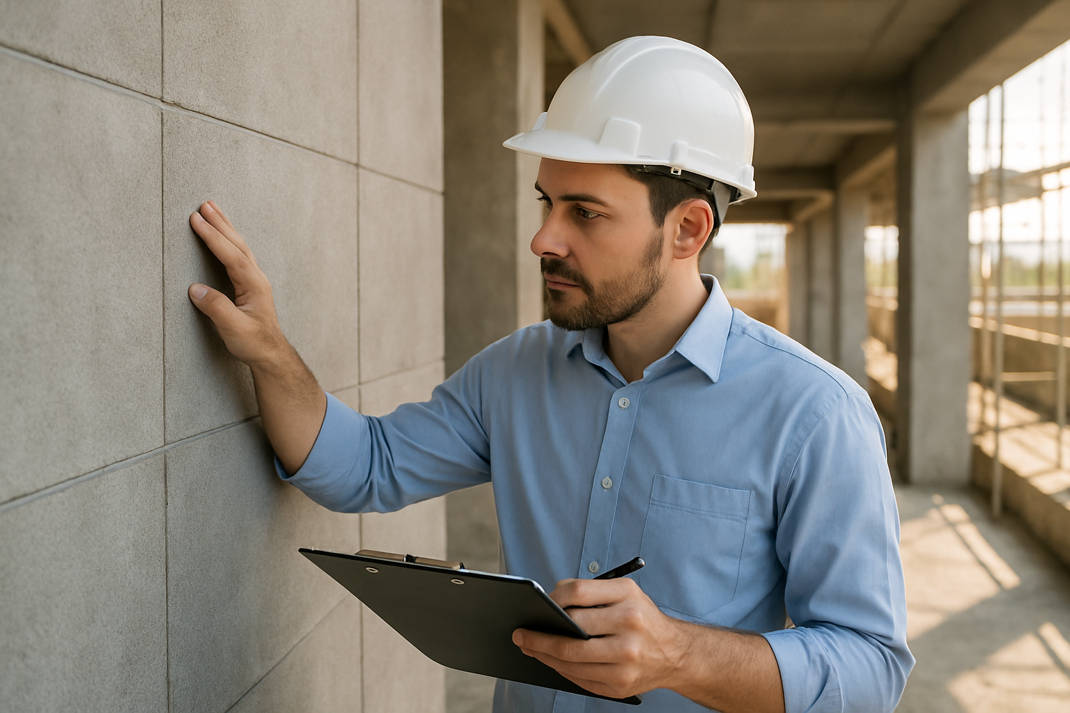 engenheiro com prancheta conferindo servico de revestimento em obra, luz natural