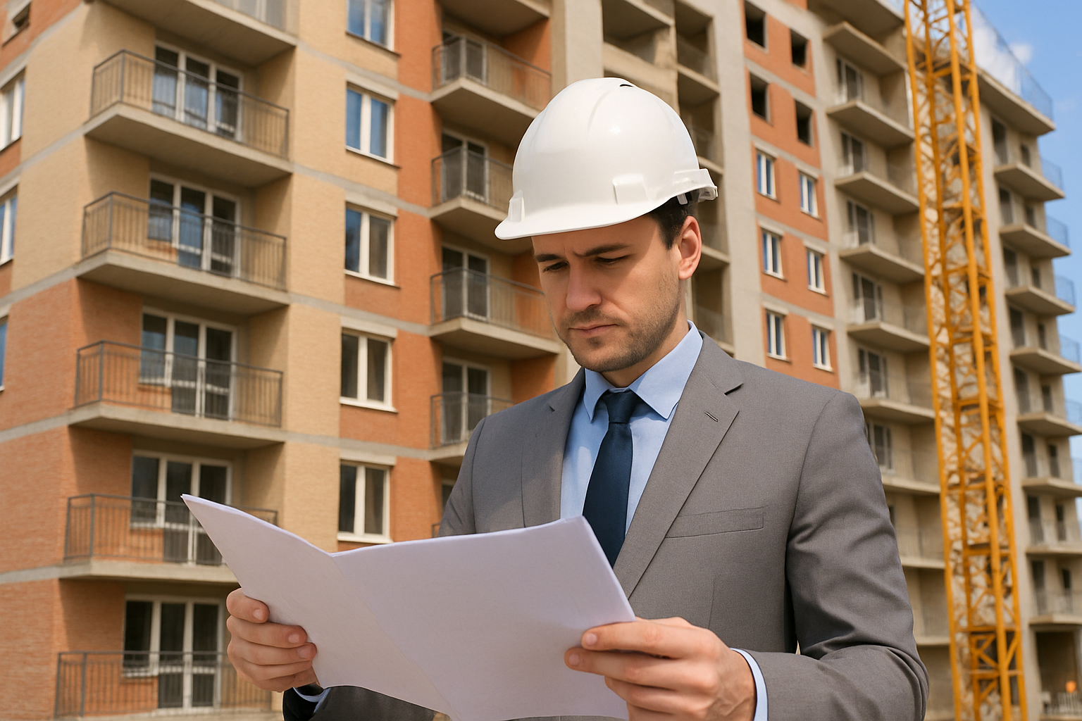 engenheiro com capacete analisando documentos em frente a obra de fachada de predio residencial