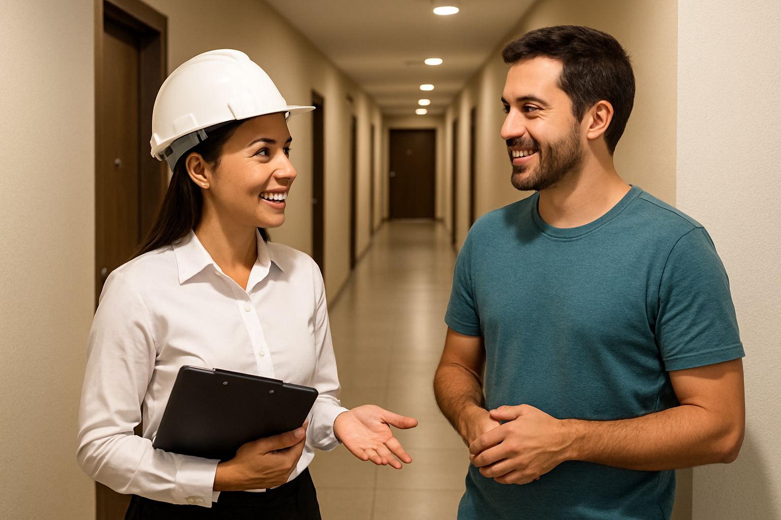 engenheira de capacete conversando com morador no corredor de predio residencial
