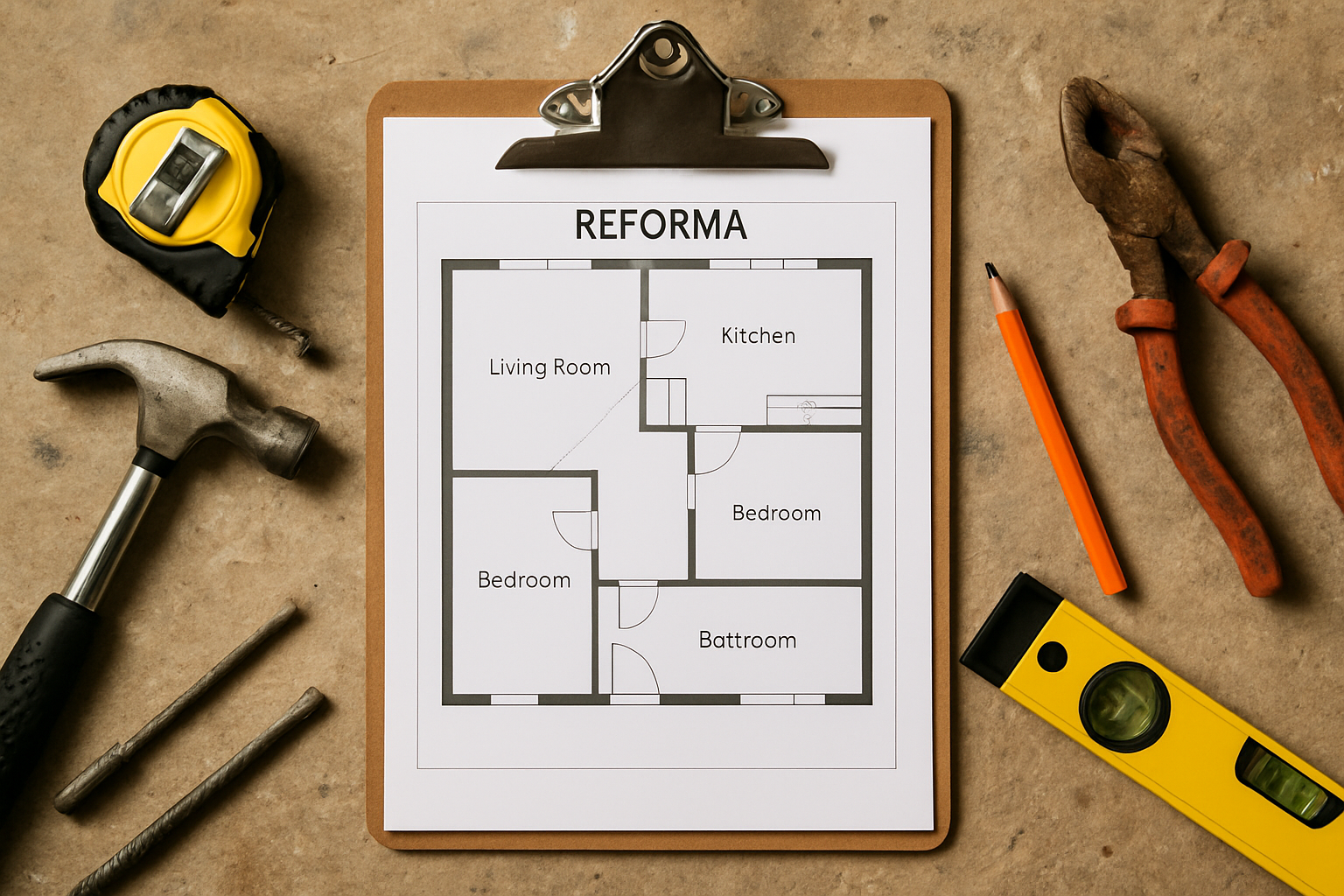 prancheta com planta de reforma sobre bancada de obra, ferramentas ao lado