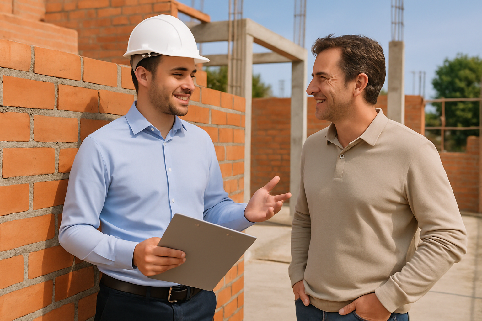 engenheiro e cliente conversando ao lado de parede de alvenaria em obra, dia claro
