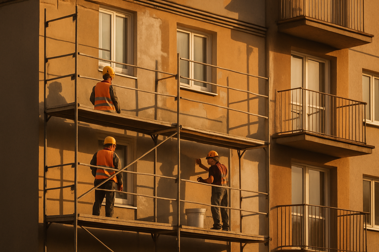 operarios em andaime na reforma da fachada de um predio residencial, fim de tarde