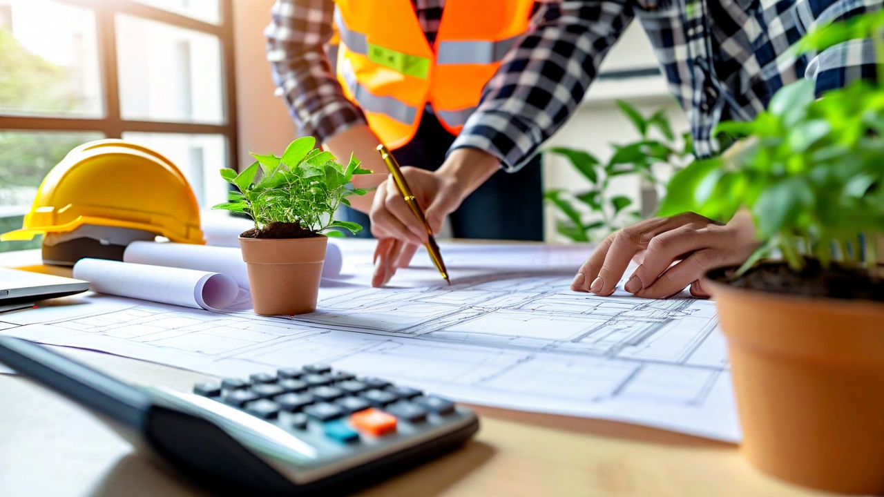 engenheiro analisando plantas e papeis sobre mesa de obra com calculos