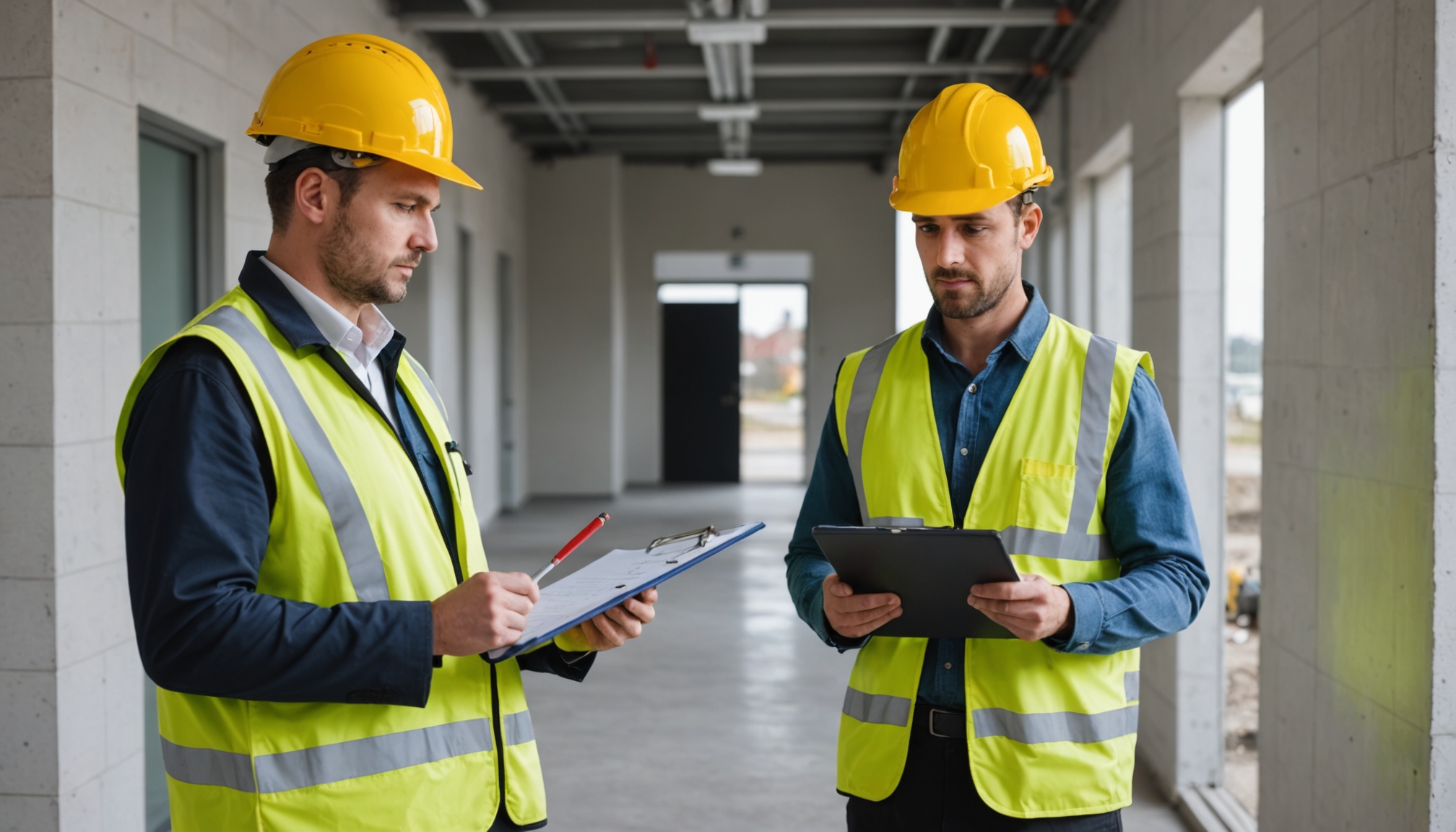 engenheiro e empreiteiro em vistoria de entrega de obra, prancheta na mão, corredor de edificio recém-construído