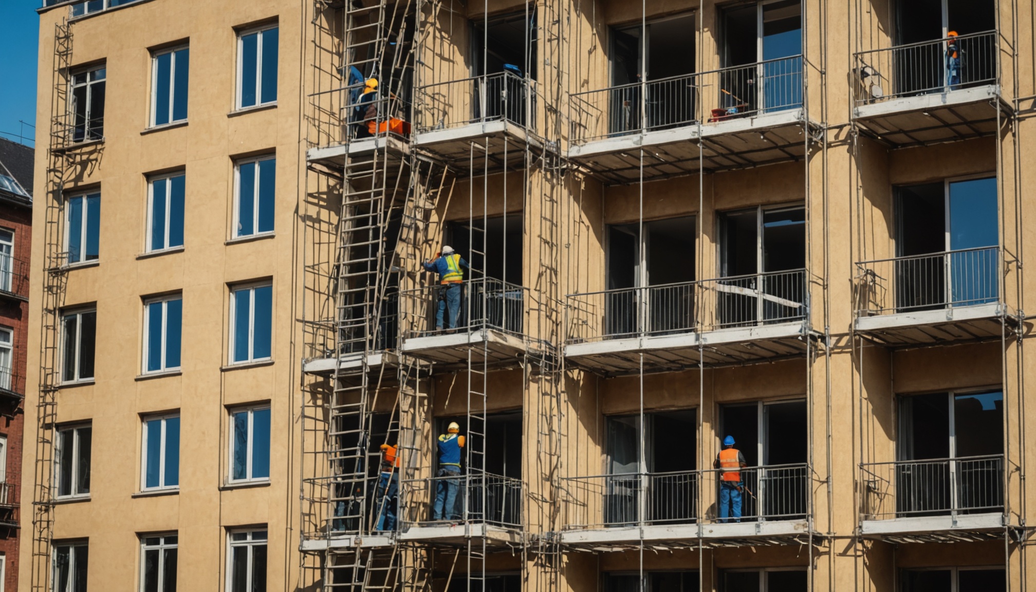 operarios em andaime na reforma da fachada de um predio residencial, fim de tarde