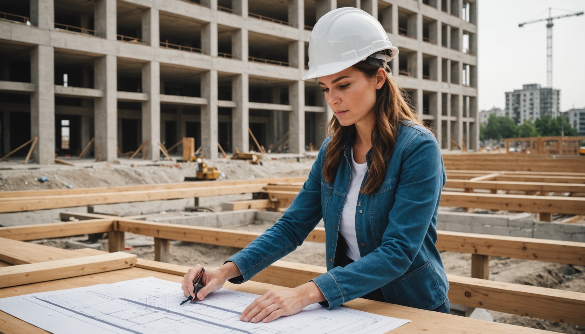 engenheira de capacete analisando planta estrutural sobre mesa em obra de apartamento