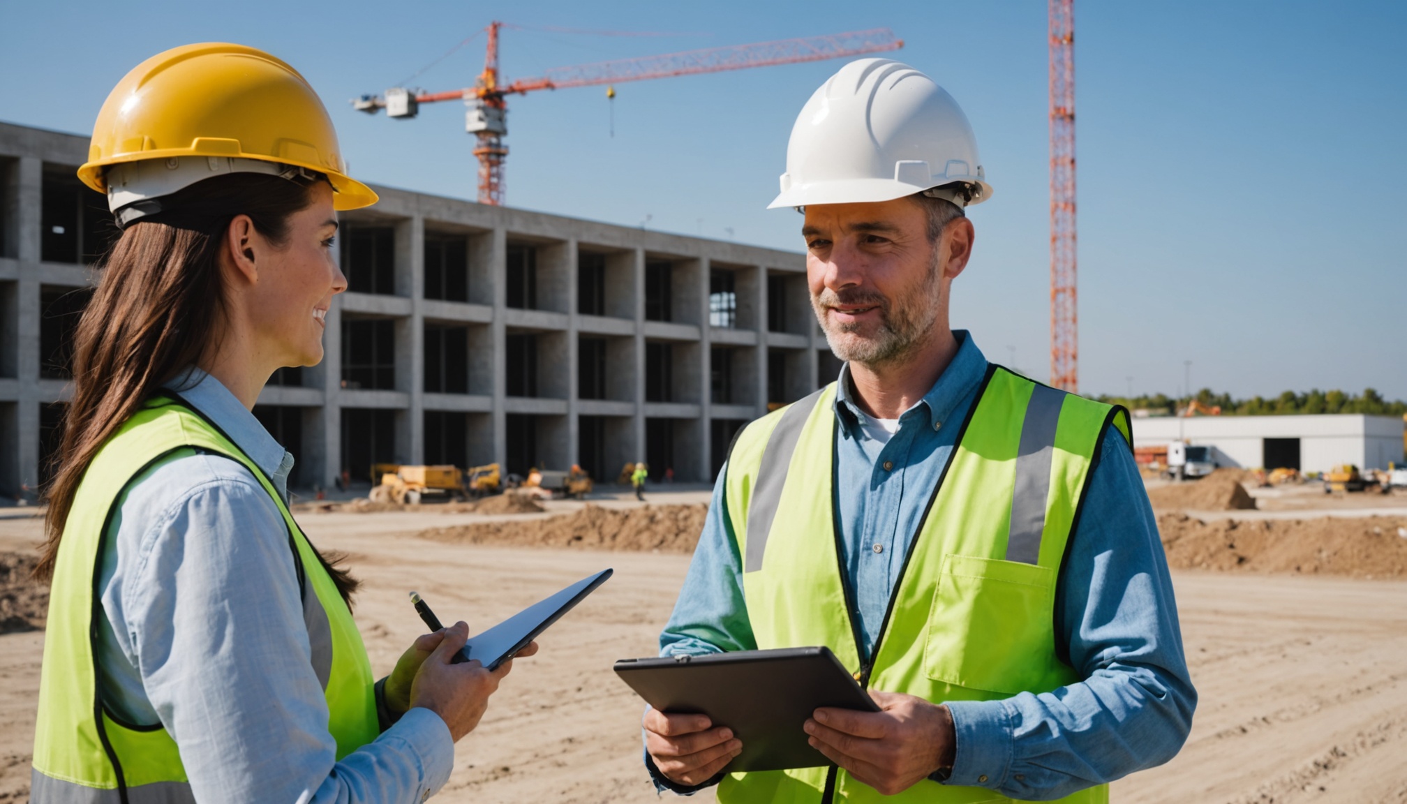 engenheiro e cliente conversando em frente a obra concluida, dia claro