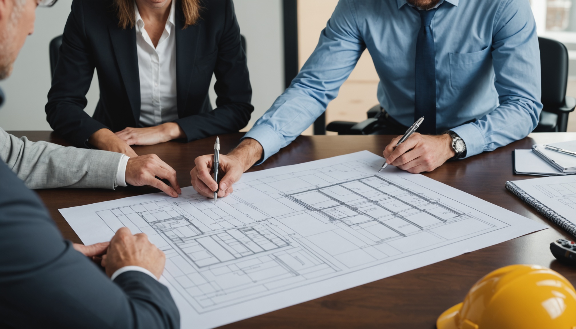 engenheiro e cliente analisando planta de obra sobre mesa com contrato
