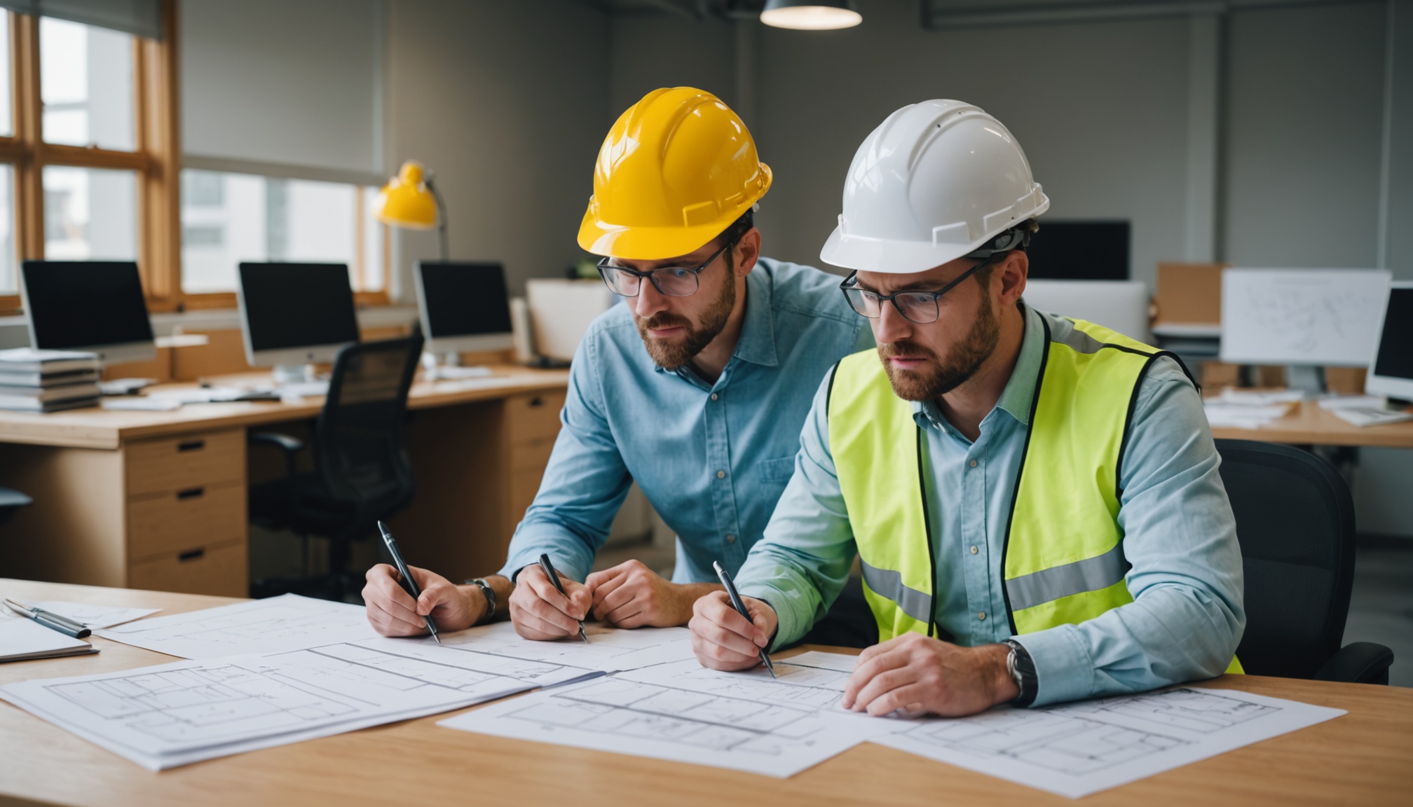engenheiro analisando tres propostas impressas sobre mesa de escritorio de obra