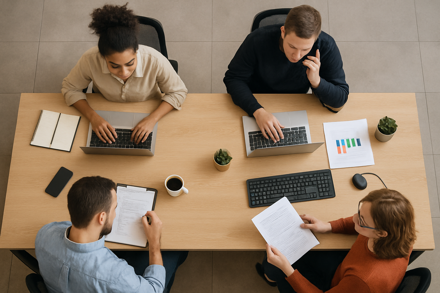 equipe pequena de atendimento em mesa compartilhada, vista de cima