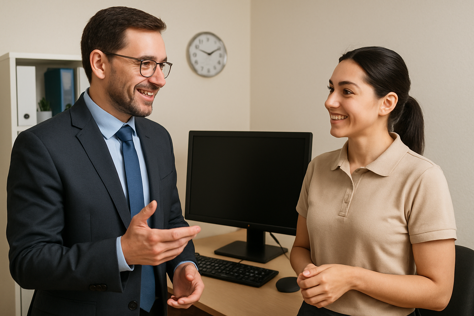 gestor e atendente conversando em frente a monitor apagado em escritório pequeno