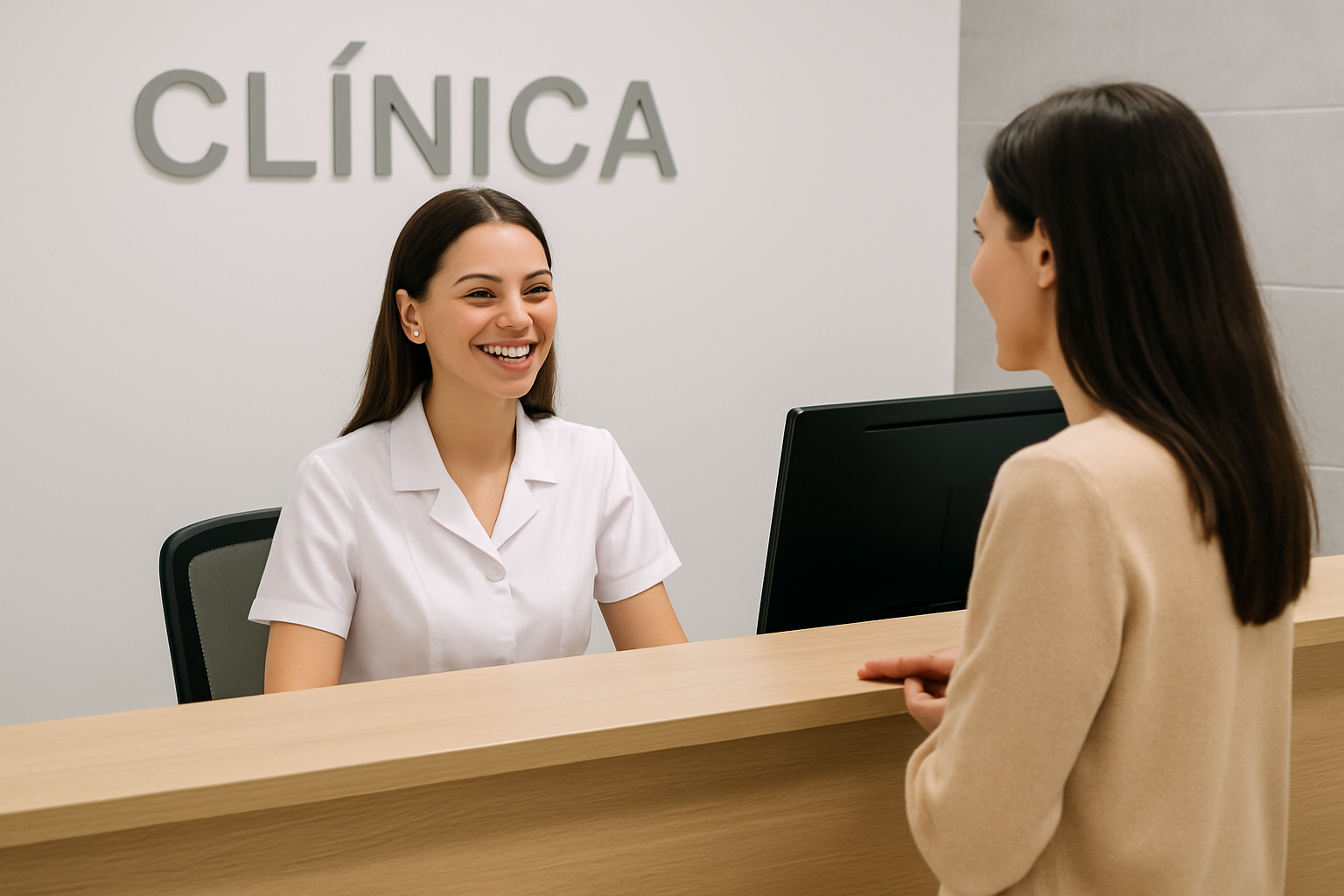recepcionista de clinica sorrindo ao atender paciente no balcao