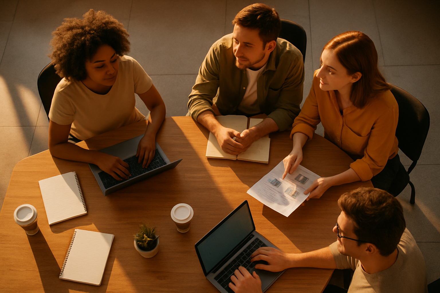 equipe pequena de atendimento em mesa compartilhada, vista de cima, fim do dia
