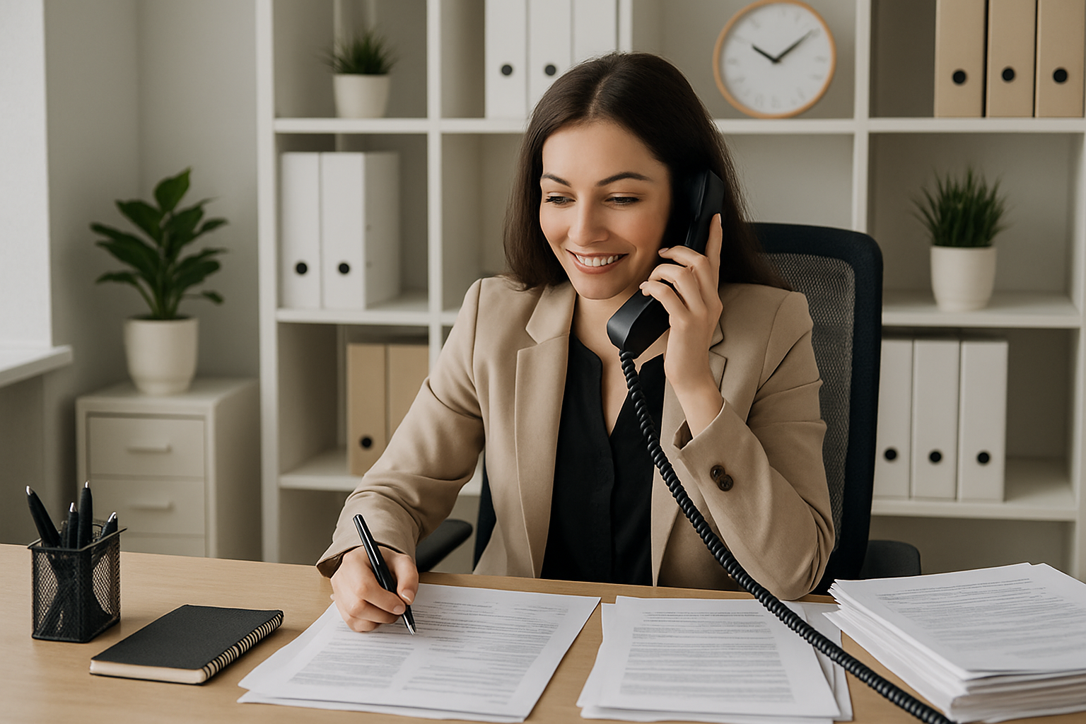 atendente de administradora ao telefone em escritório organizado, mesa com papéis