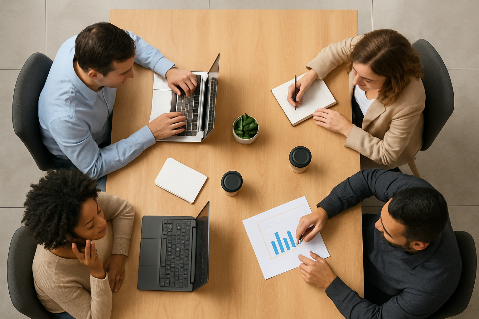 equipe pequena de atendimento em mesa compartilhada, vista de cima