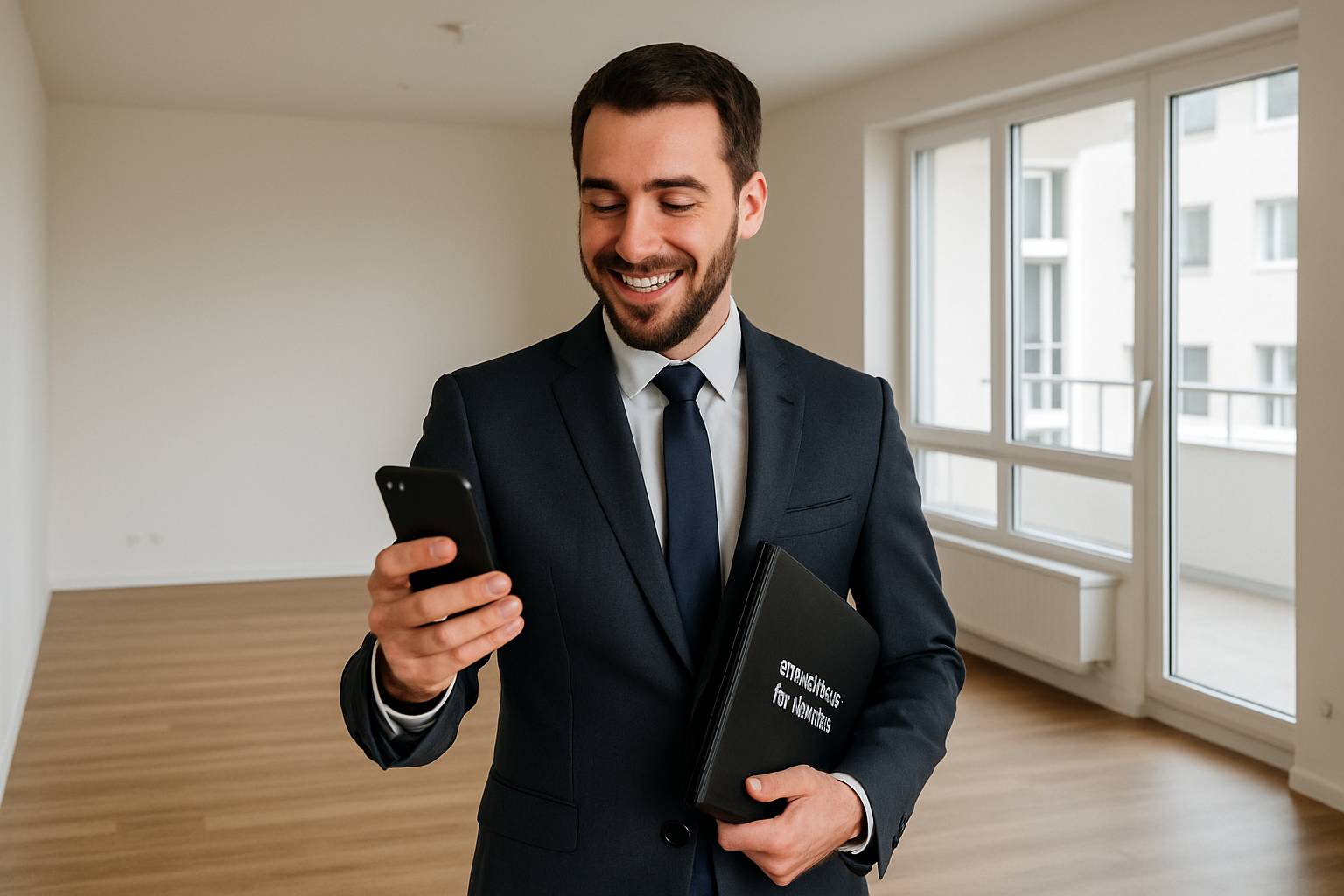 corretor de imoveis com celular na mao dentro de apartamento vazio, tela nao visivel