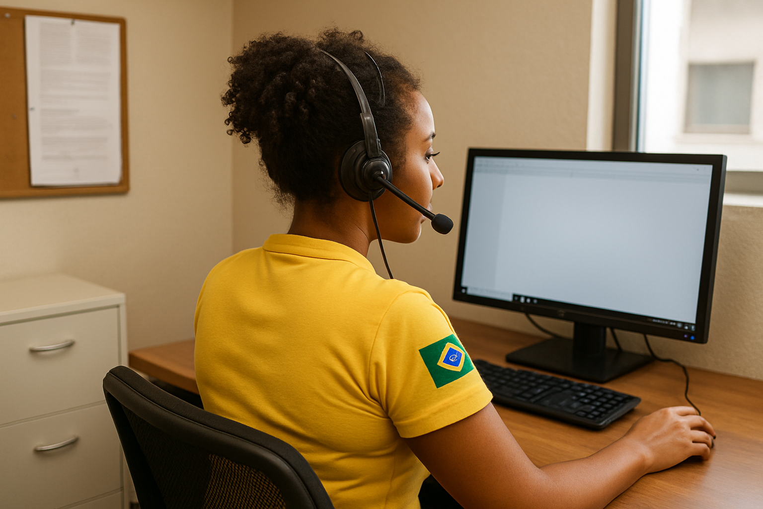 atendente brasileira de headset olhando para monitor de costas para a camera em escritorio pequeno