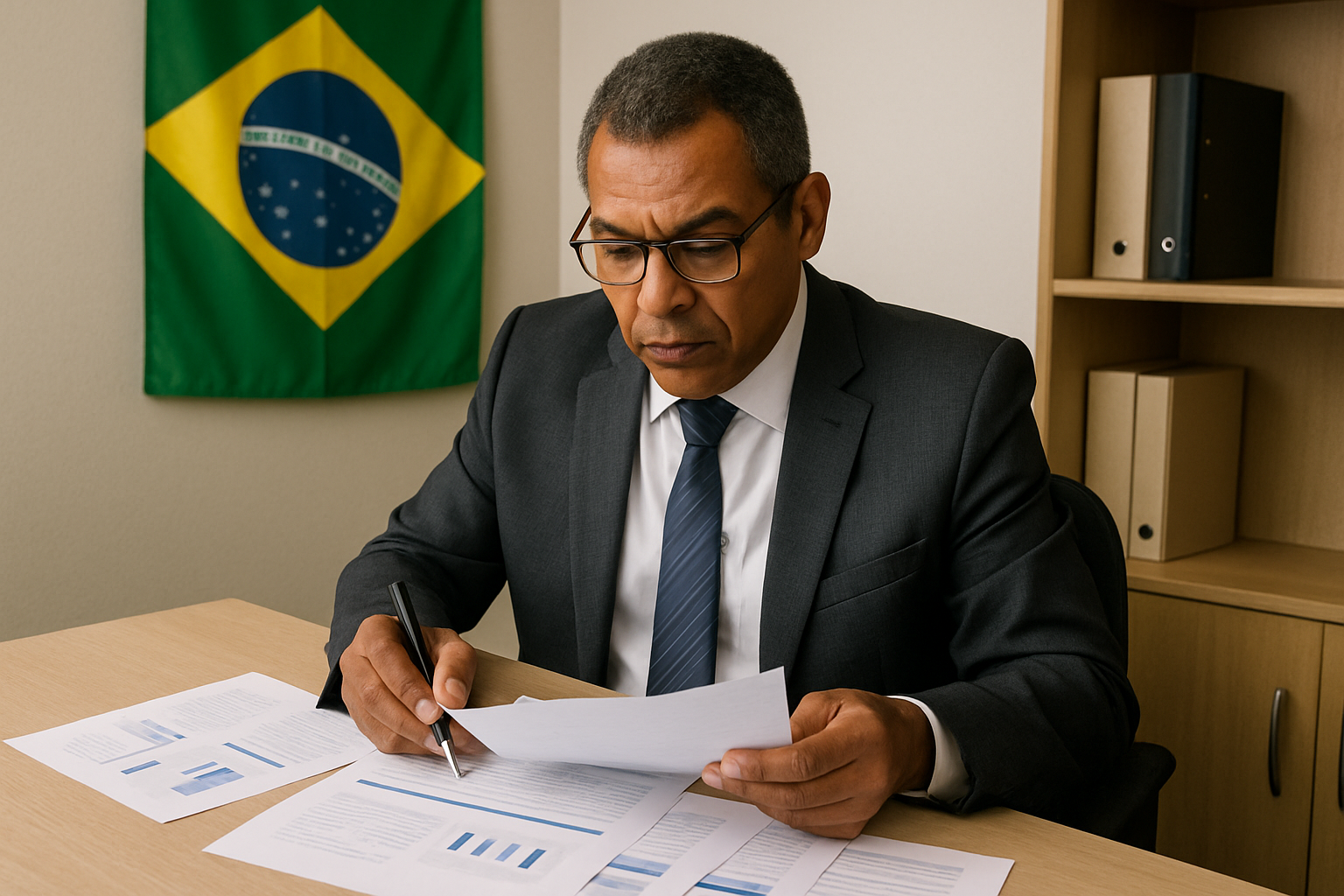 gestor brasileiro analisando papeis em mesa de escritorio pequeno, caneta na mao