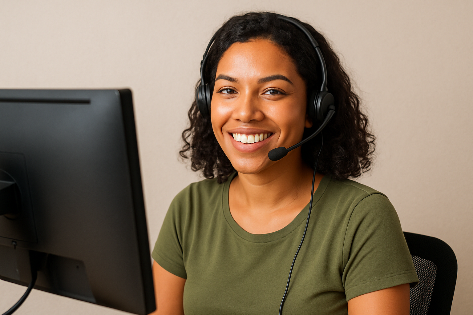 atendente brasileira de headset sorrindo, monitor de costas para a camera