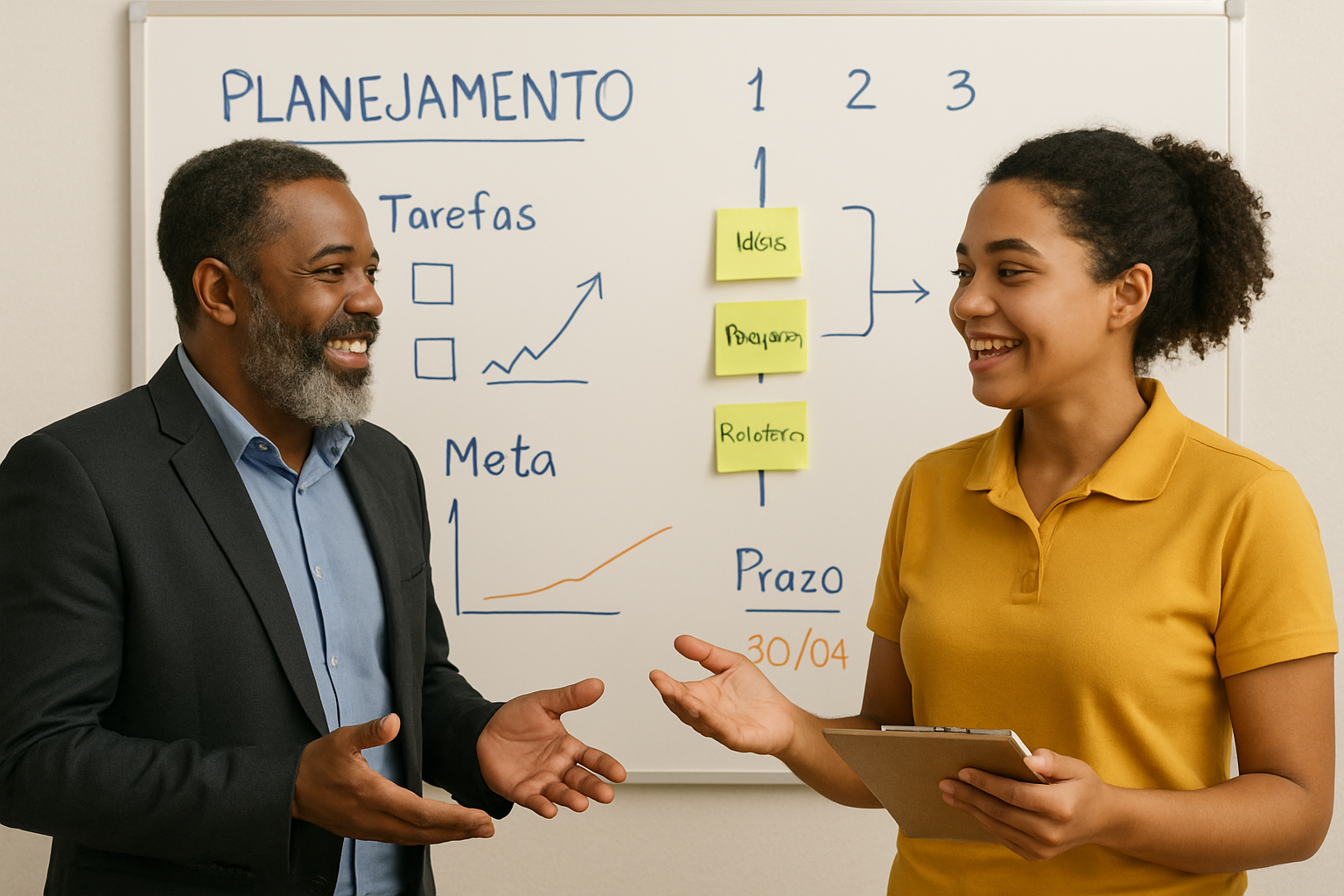 gestor e atendente brasileiros conversando em frente a quadro branco com anotações
