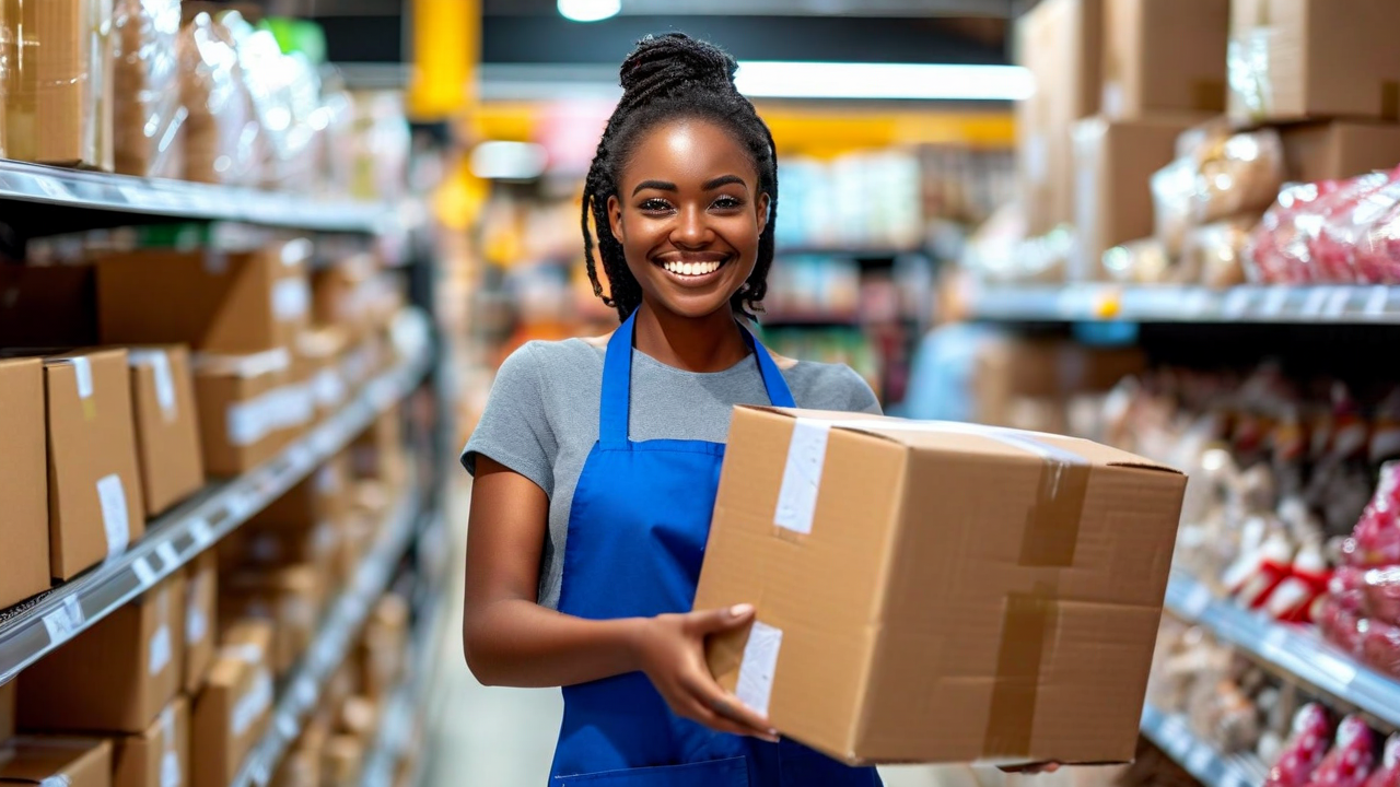 atendente de loja sorrindo ao lado de embalagens prontas para envio