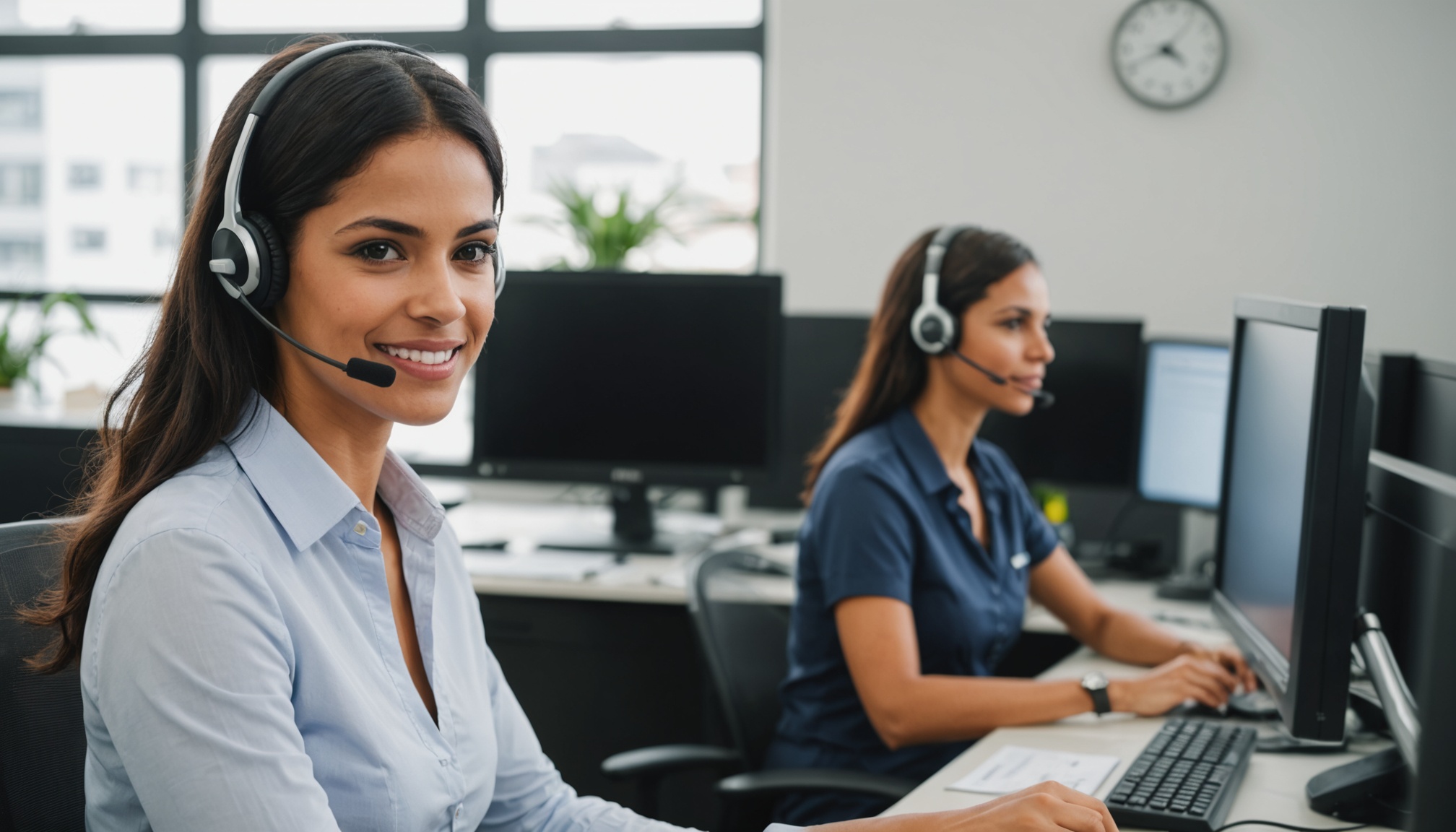 atendente brasileira com headset em mesa de escritório, monitor fora de quadro