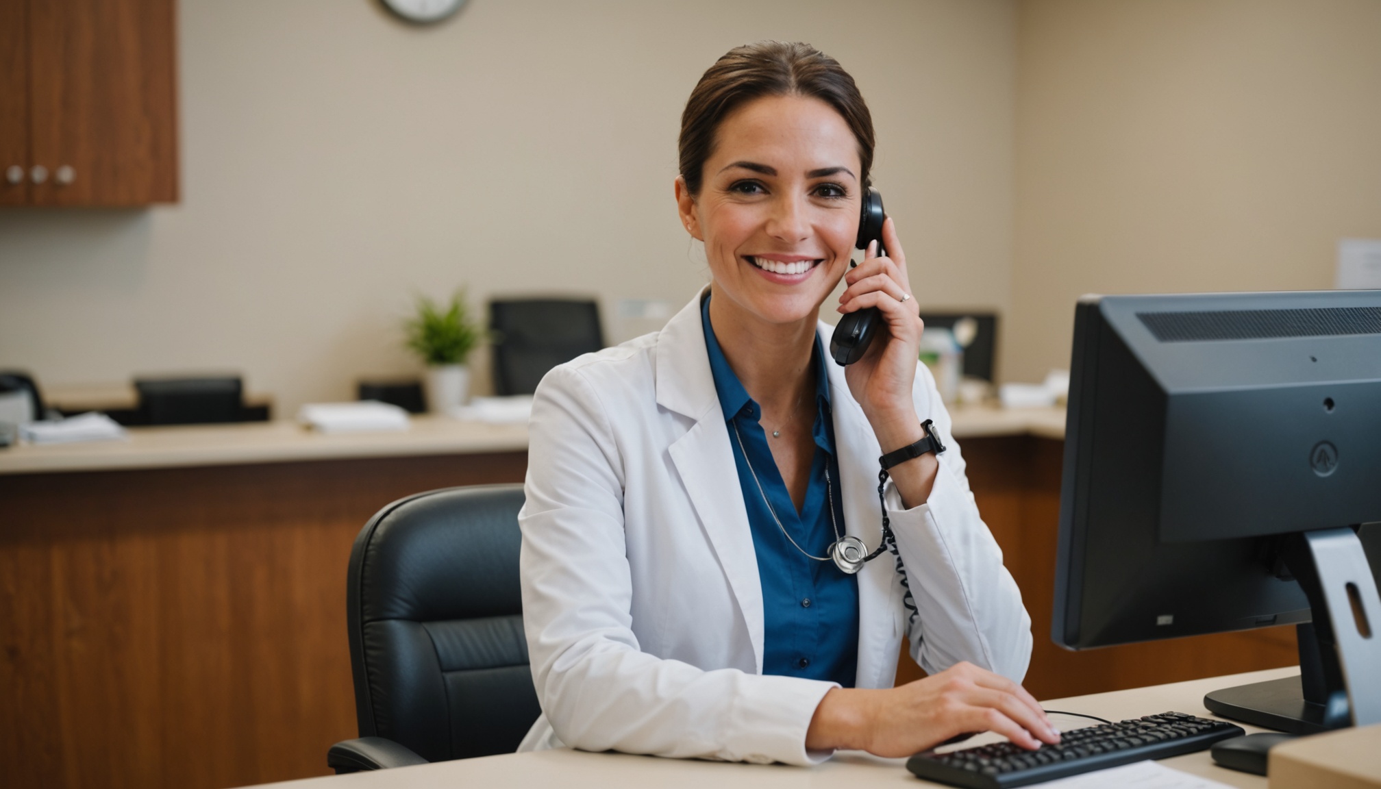 recepcionista de clinica sorrindo ao telefone no balcao, tela fora de quadro