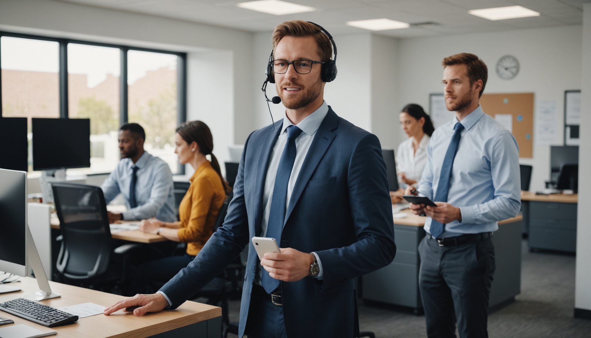 gestor de atendimento de pé observando equipe em escritório pequeno