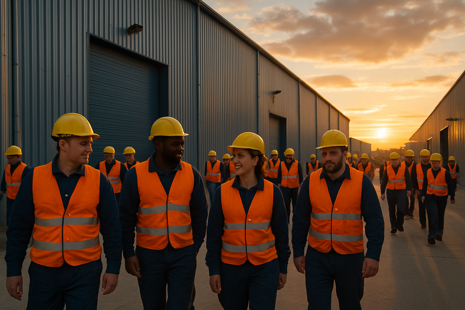 trabalhadores de uniforme na troca de turno em frente a galpao industrial, fim de tarde