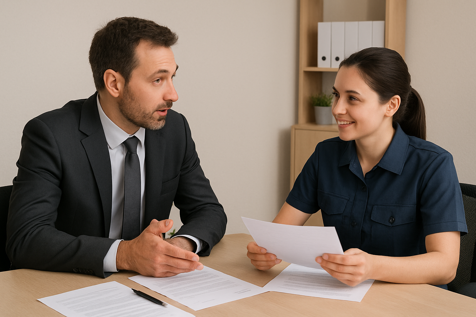 gestor e funcionaria de uniforme conversando em mesa de escritorio simples com papeis