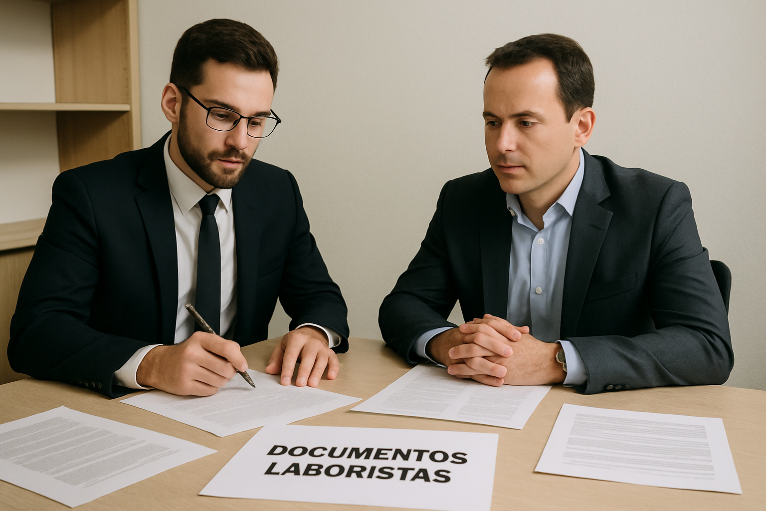advogado e empresario sentados a mesa com documentos trabalhistas espalhados, escritorio simples