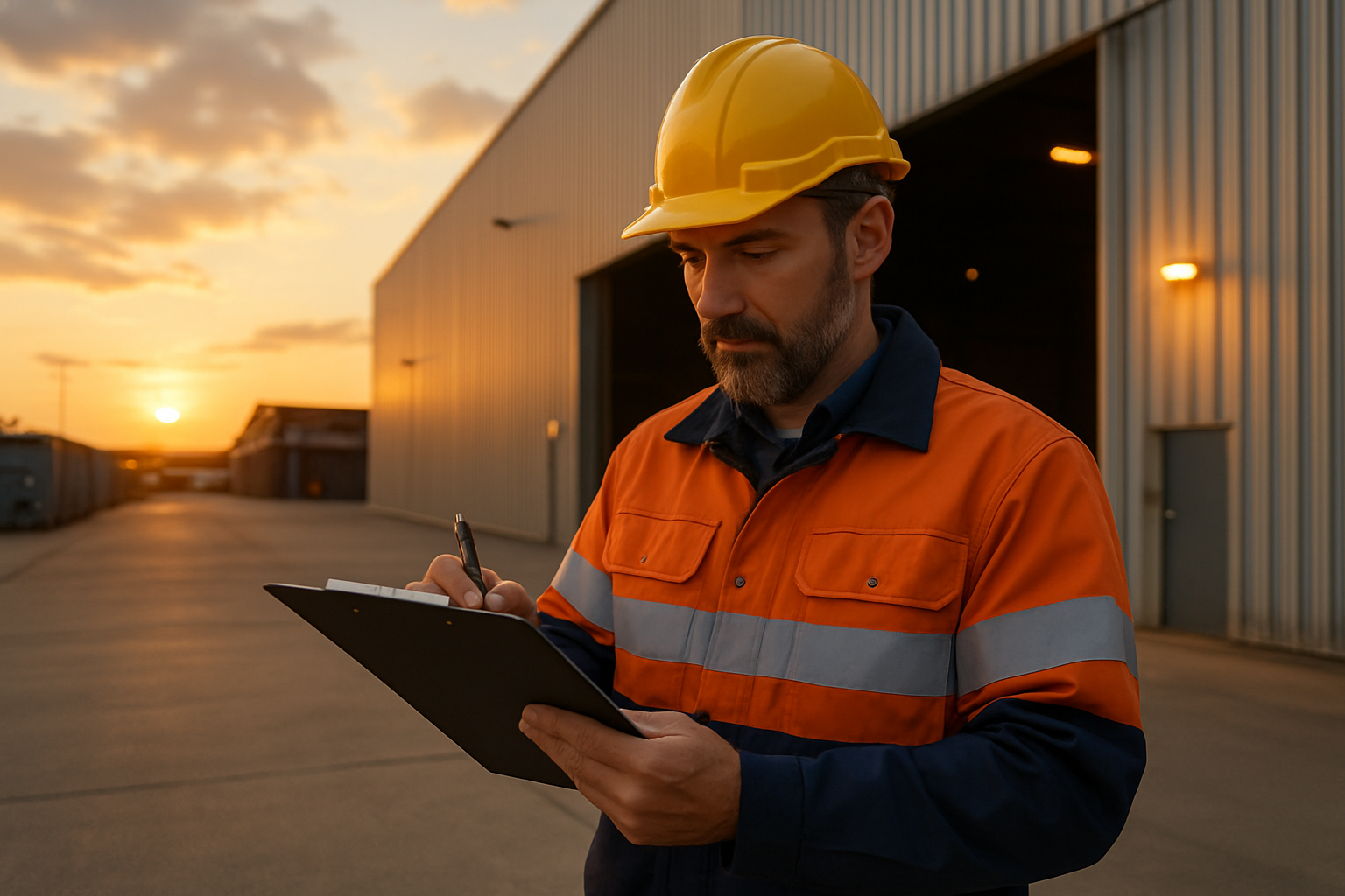 encarregado de operacao com prancheta revisando lista na entrada de galpao industrial ao entardecer
