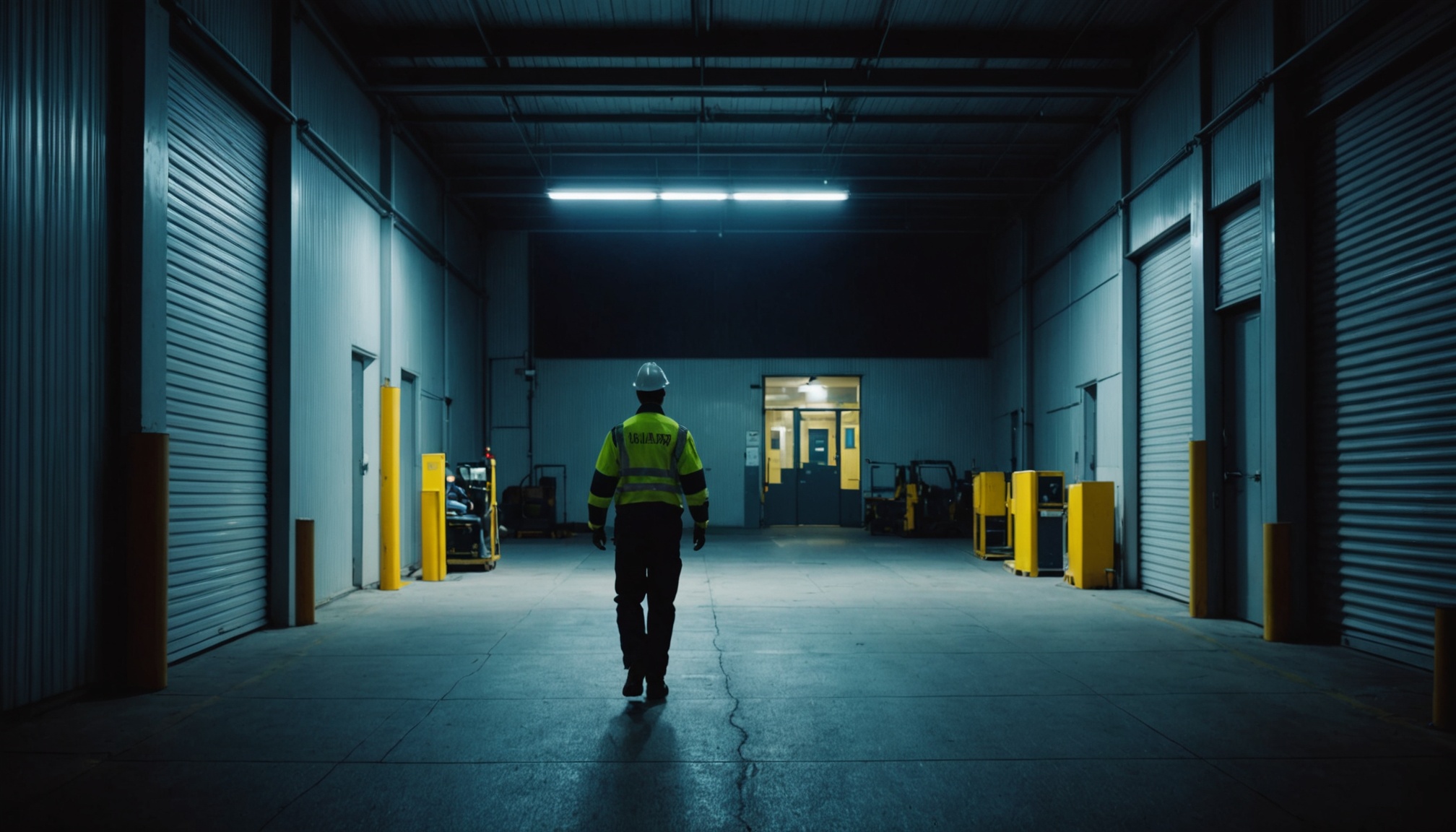 trabalhador de uniforme saindo de galpao industrial de madrugada, luz artificial na saida
