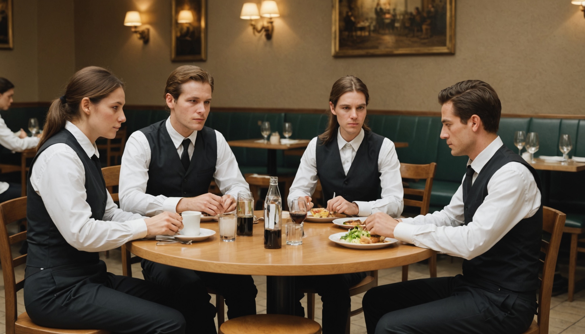 trabalhadores de restaurante sentados em mesa simples durante pausa para almoco