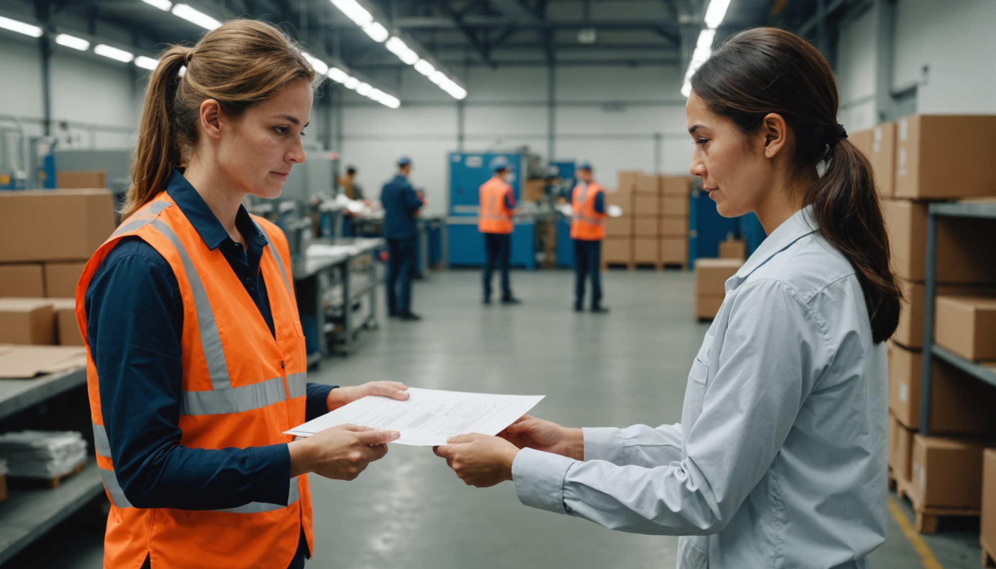 trabalhador de uniforme entregando papel dobrado para supervisora no corredor de fabrica
