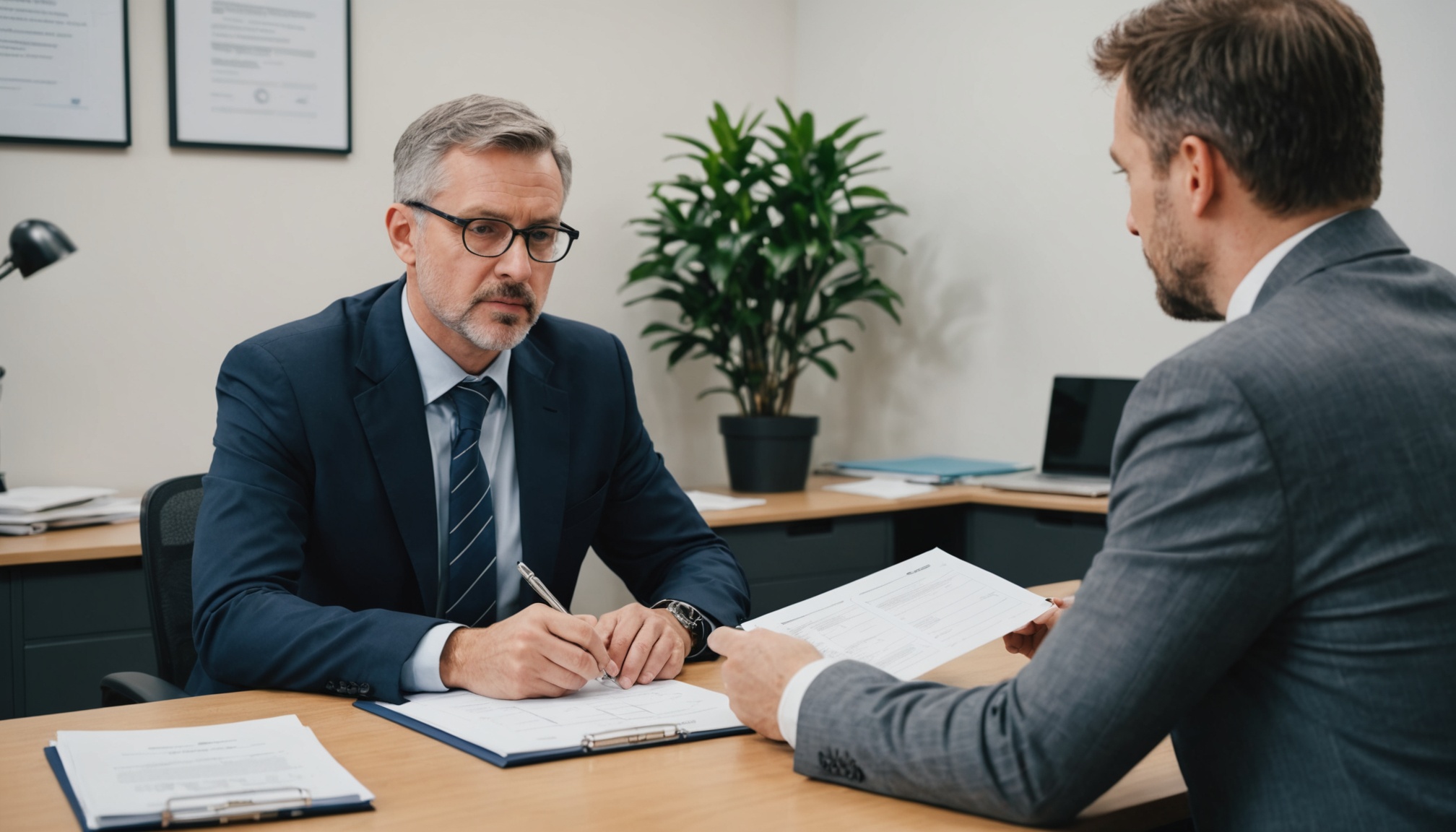 fiscal do trabalho e dono de empresa conversando em escritorio simples com documentos sobre a mesa