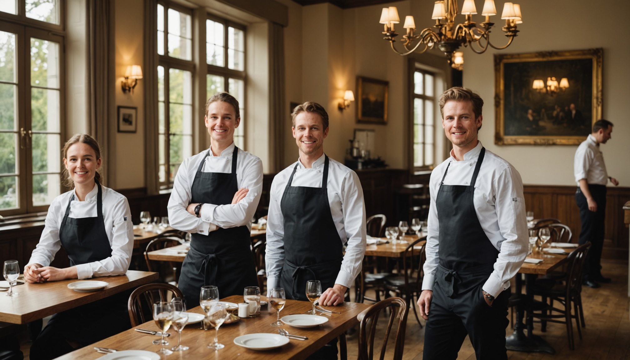 equipe de restaurante no salao antes de abrir, luz natural de domingo de manha