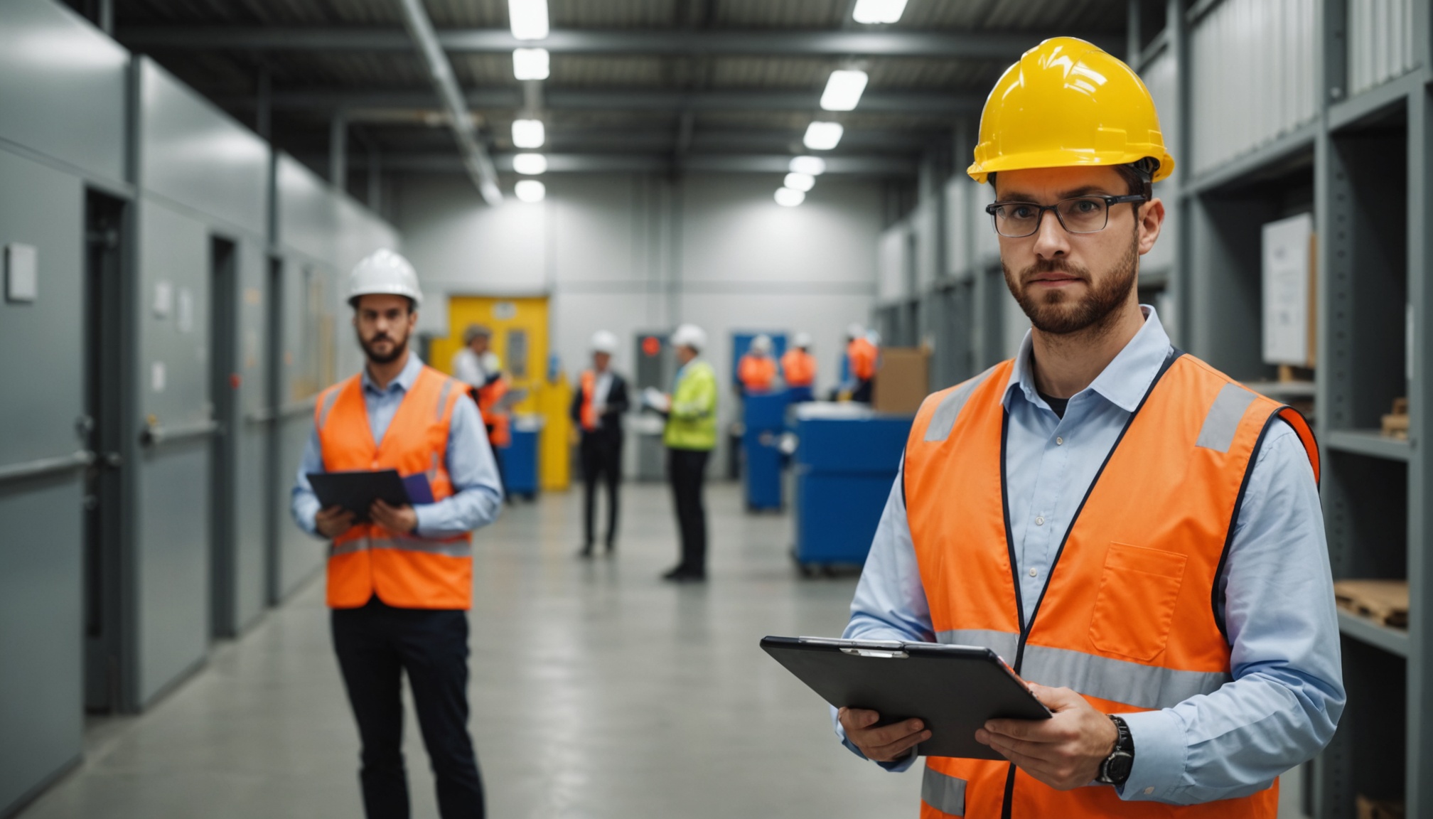 auditor com prancheta em corredor de empresa industrial, funcionarios ao fundo