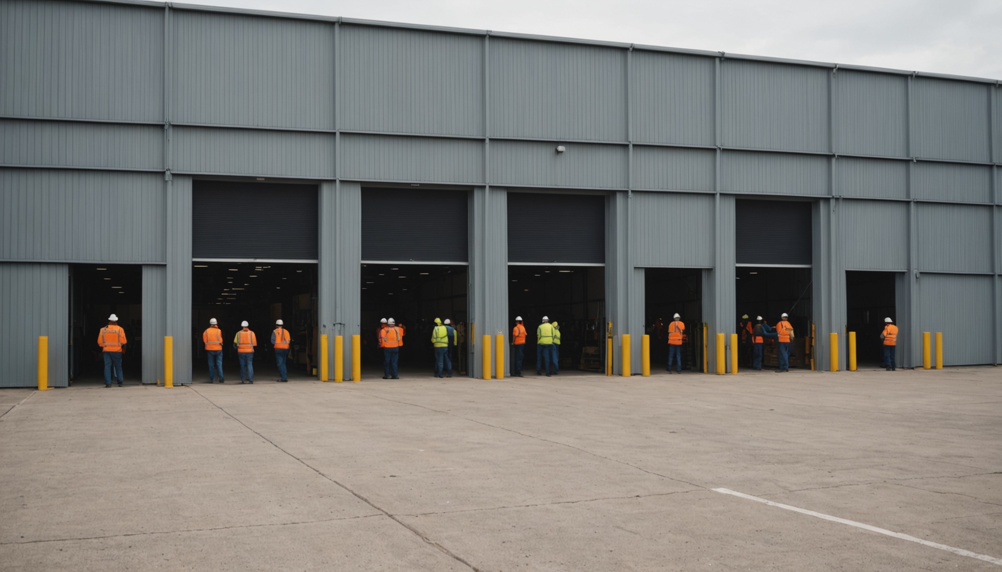 fachada de galpao industrial na troca de turno, funcionarios entrando em fila