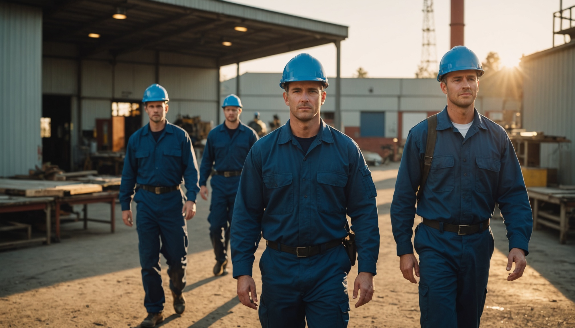trabalhadores em uniforme na saida de turno de industria pequena, luz do fim de tarde