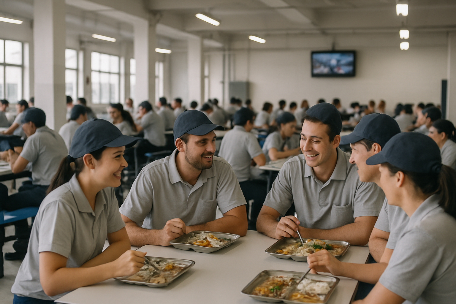 refeitorio de fabrica na hora do almoco, funcionarios de uniforme conversando, TV ao fundo fora de foco