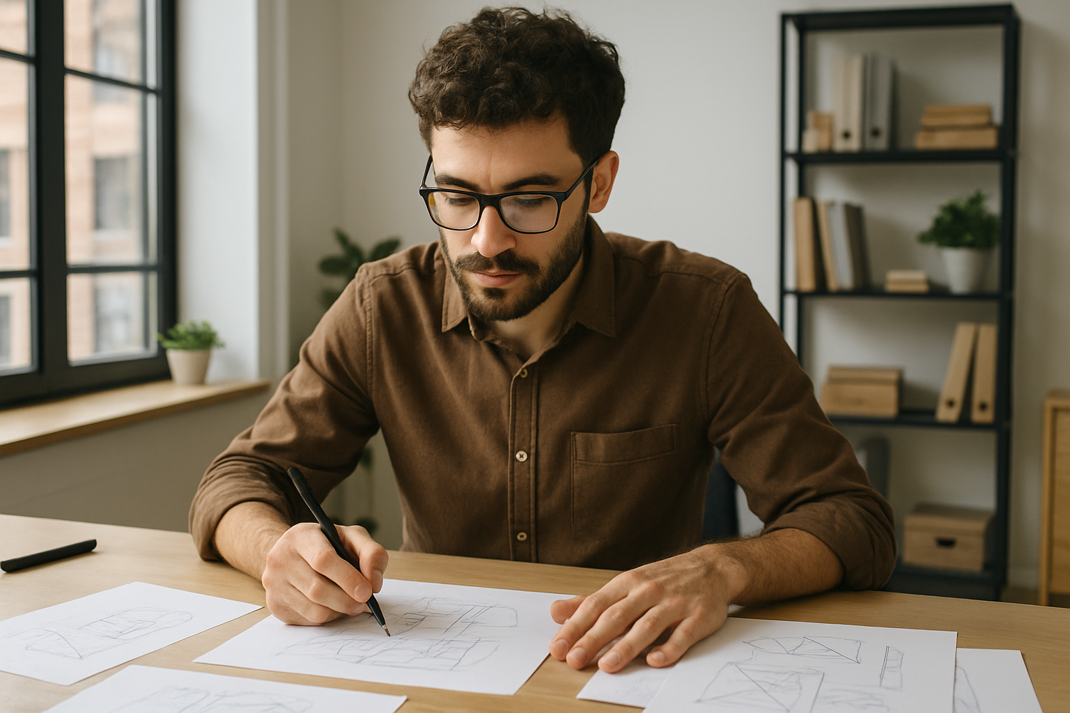designer trabalhando em mesa com folhas e caneta em escritório iluminado