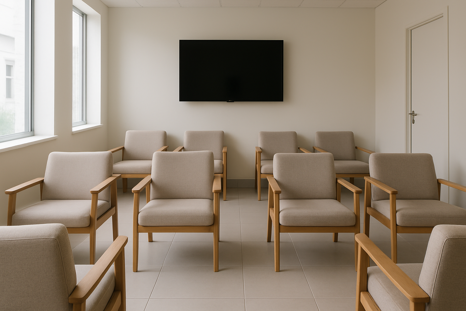 sala de espera de clinica com poltronas vazias e televisao apagada na parede ao fundo, luz natural