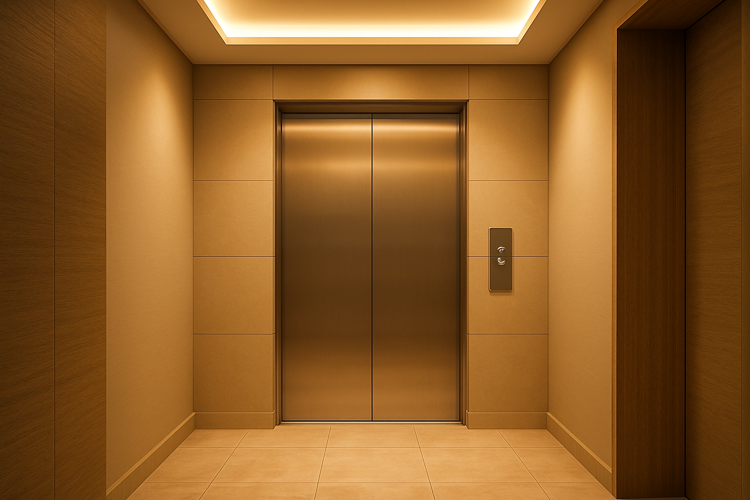 hall de elevador de predio residencial moderno com porta de aco escovado e luz quente
