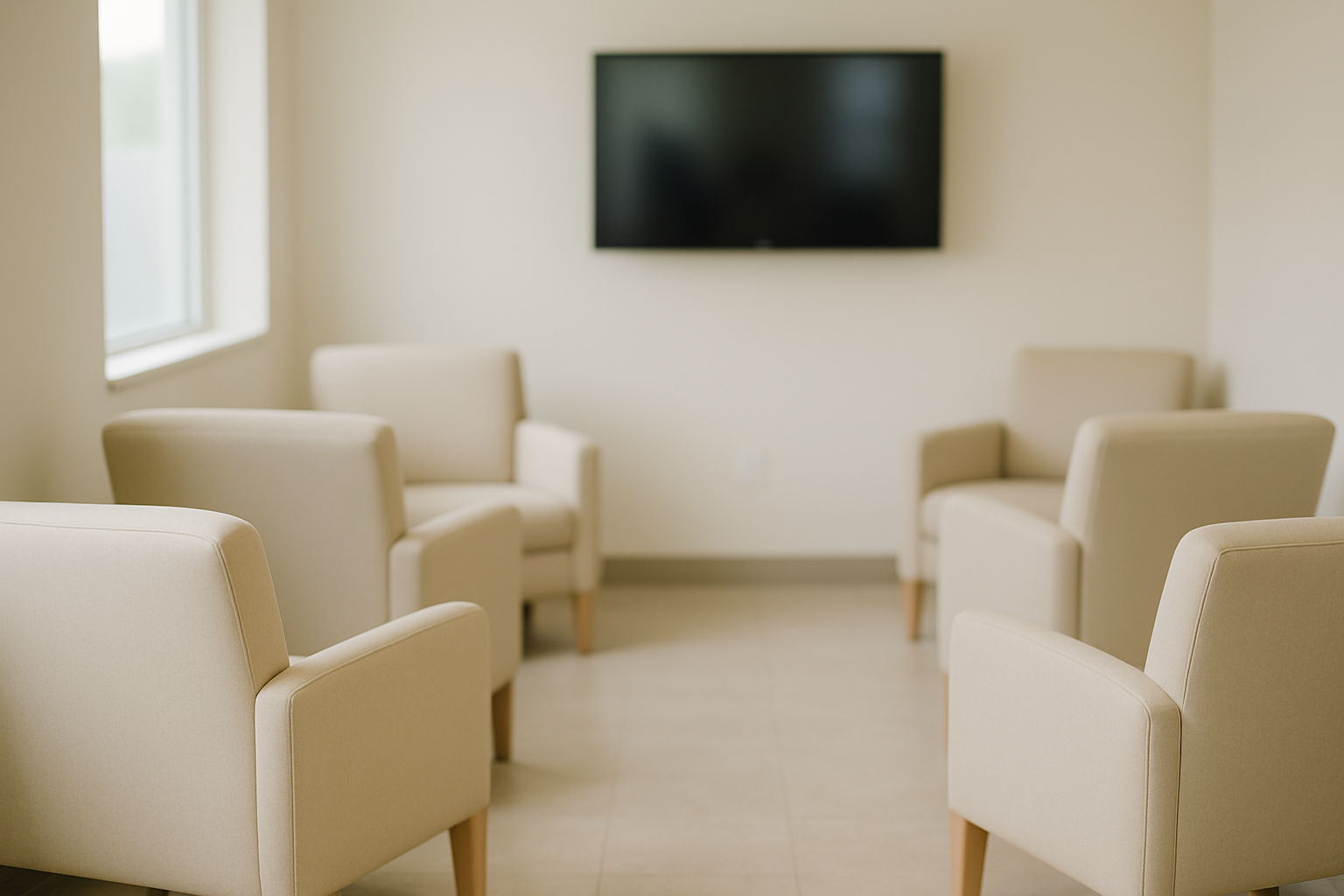sala de espera de clinica com poltronas claras e televisao na parede ao fundo, desfocada, luz natural suave