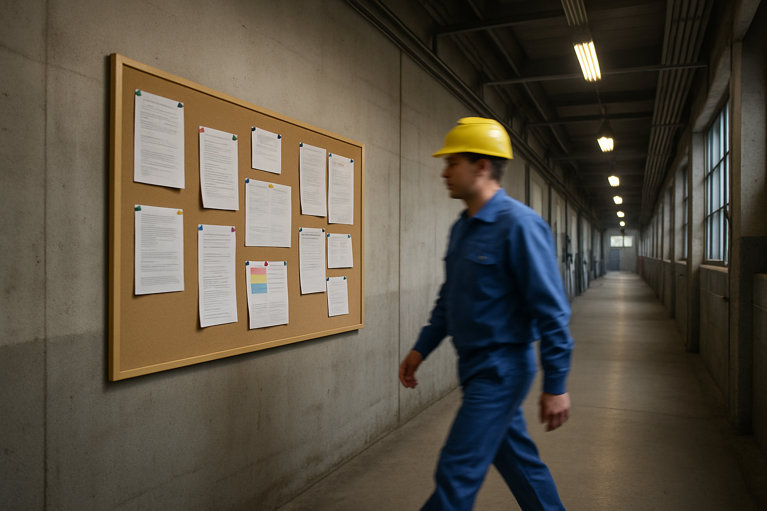 corredor de fabrica com mural de avisos na parede, trabalhador de uniforme passando sem olhar, luz industrial