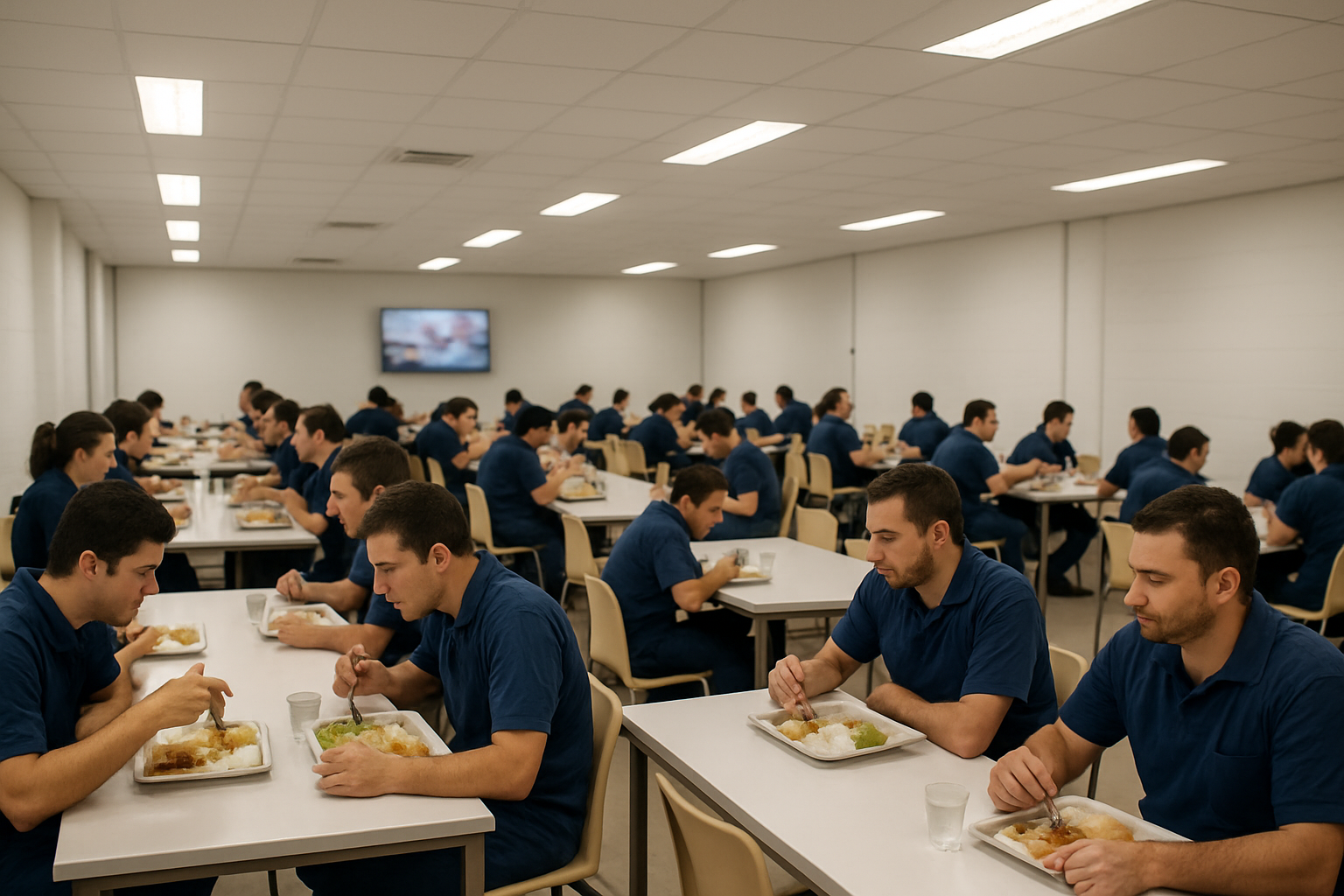 refeitorio de empresa na hora do almoco, funcionarios de uniforme sentados nas mesas, TV ao fundo fora de foco, luz fluorescente