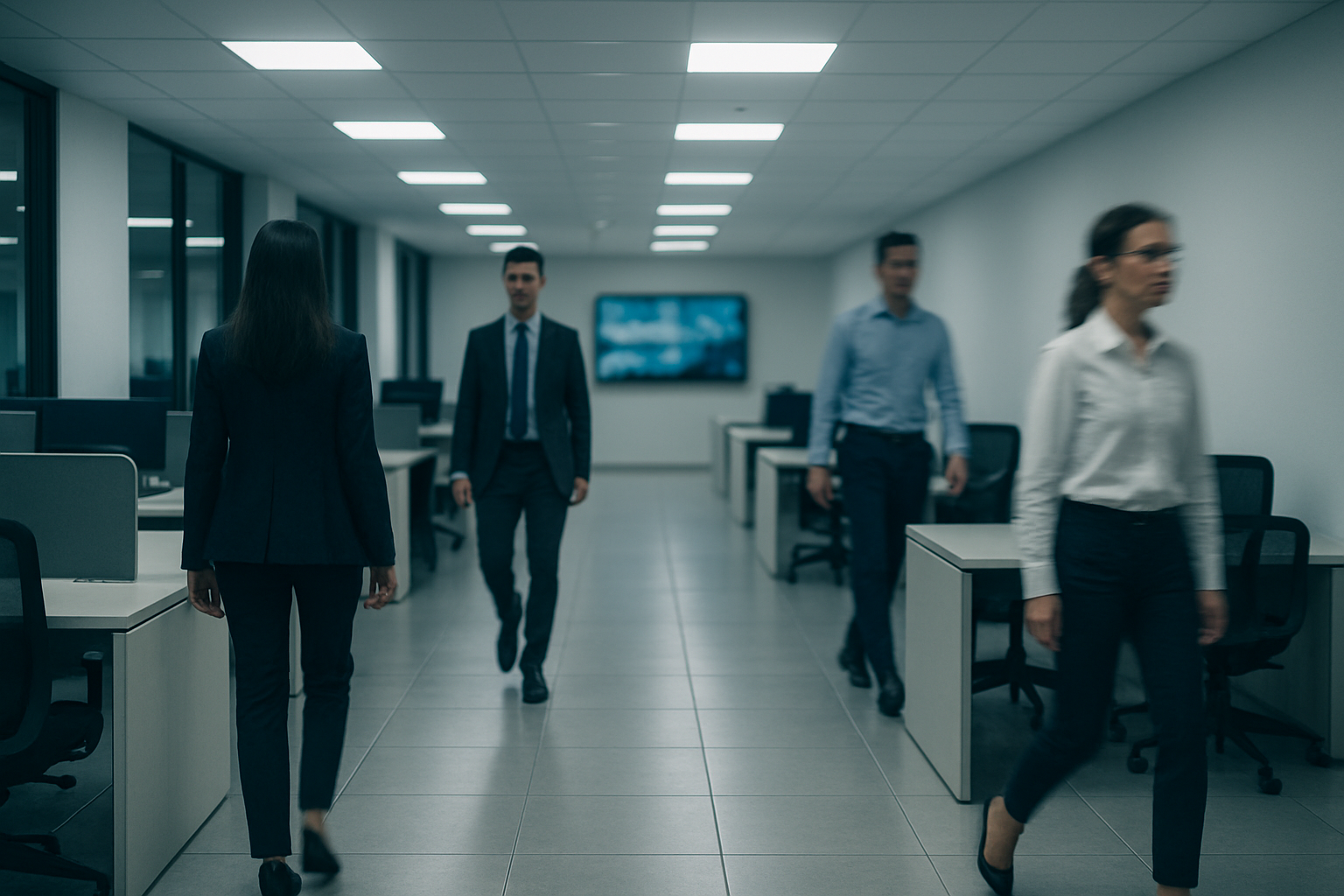 corredor de escritorio corporativo com TV na parede ao fundo desfocada, funcionarios caminhando, luz fria de teto